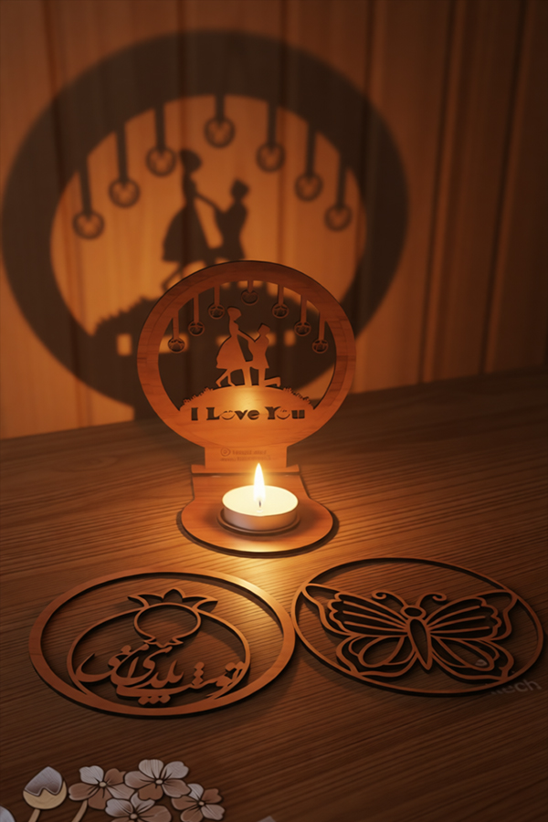 سایه‌نگار – چراغ نورپردازی چوبی با طرح‌های عاشقانه، پروانه و انار