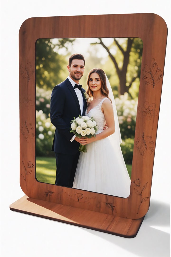 فریم عکس چوبی سایز 13×18 با طرح گلدار | مناسب عکس عروس و داماد و هدیه جشن عبادت